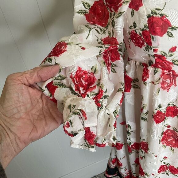 Blue Rain Women XS Square Neck White Red Floral Mini Peasant Dress Balloon Sleev - Picture 4 of 16